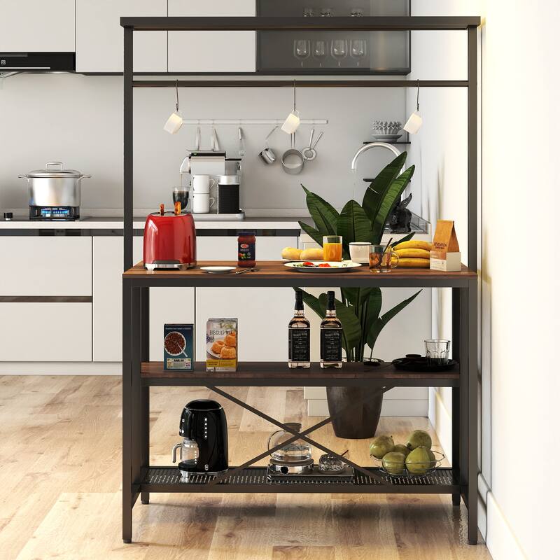 Roomfitters Kitchen Island with 3-Tier Storage Shelves and Hooks, Industrial Bakers Rack, Brown & Black - Walnut