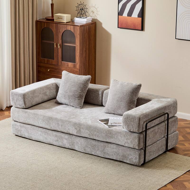 Convertible Floor Sofa Bed in Light Grey Chenille Fabric, 77x37x24 inches