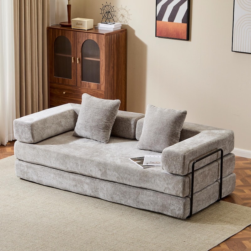 Convertible Flannel Fabric Futon Sofa Sleeper Couch Bed with Sponge Padding for Living Room - 76.77”L x 37.4”W x 23.62”H - Light-Grey