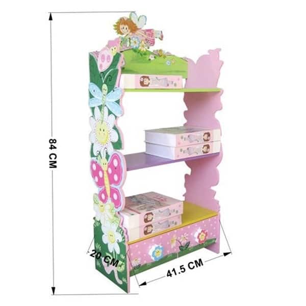 D&N Kids Olivia the Fairy Girls Hand Painted 3 Tier Flower Bookcase with Drawers