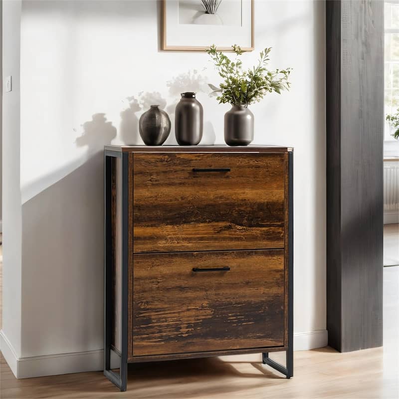 Freestanding Wood Shoe Cabinet with 2 Flip Drawers for 12 Pairs