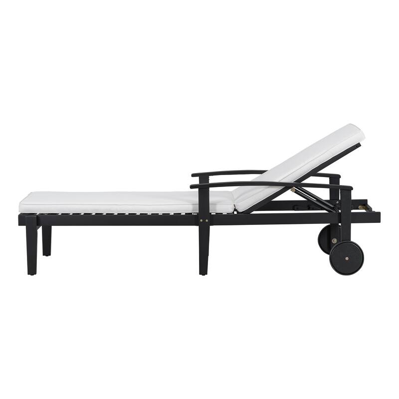Outdoor Wood Chaise Lounge Single Chair with Wheels, Adjustable Backrest Recliner Sun Lounger for Pool Poolside Backyard