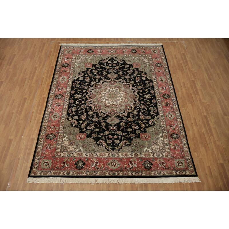 Hand Knotted Oriental Wool & Silk Carpet Traditional Floral Black Tabriz Area Rug - 11' 9'' X 9' 1''