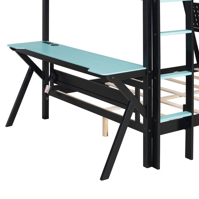 Gaming Bunk Bed Two Built-In Gaming Desks Each Side Loft Bed with USB Desktop Ports and Pegboard Organizer for Gaming Room Gamer