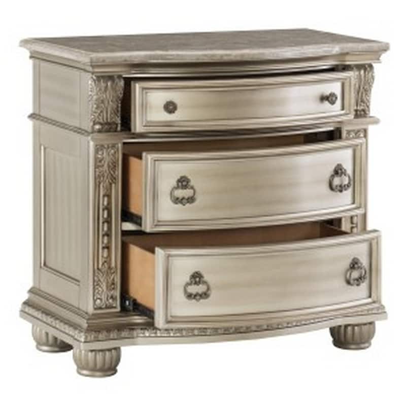 Caitlin 35 Inch 3 Drawer Nightstand with Marble Top, Leaf Carvings, Silver