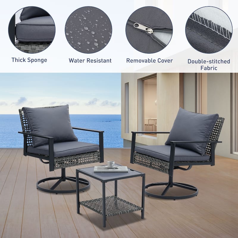 Ainfox 3 Pieces Patio Outdoor Furniture Set with Coffee Table, PE Wicker Swivel Rocking Chairs