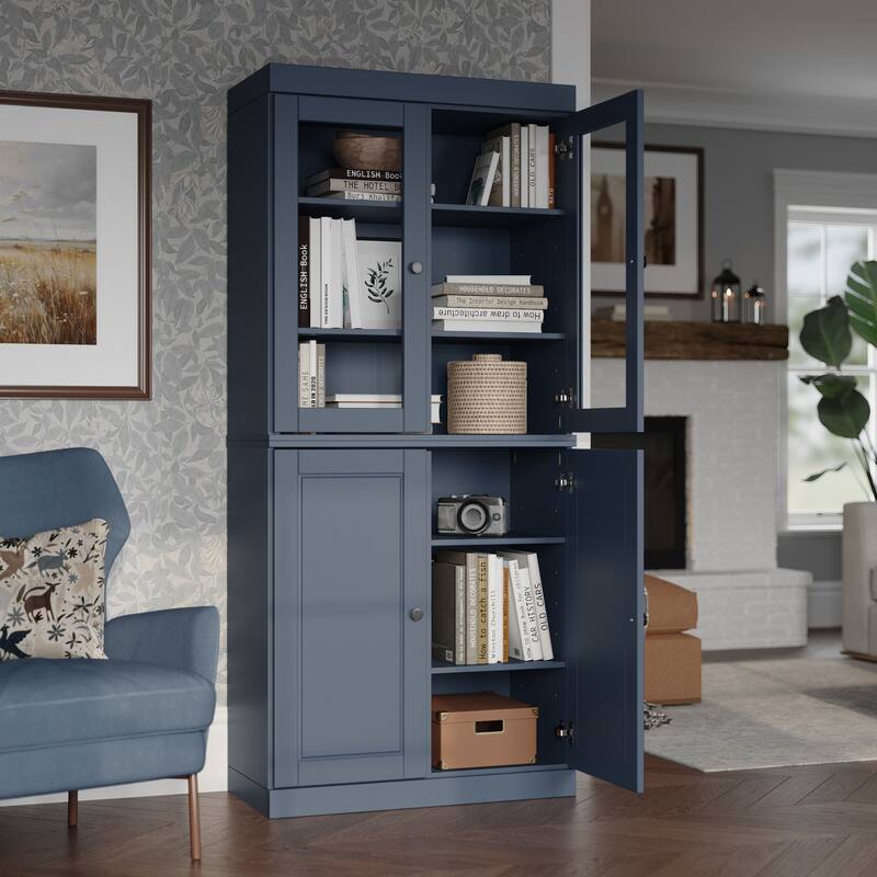 Palace Imports Solid Wood 6-Shelf Bookcase, Raised Panel Clear Glass Doors, Adjustable Shelves