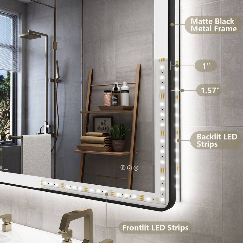 KIOTEE Rectangular Framed Front & Back LED Lighted Anti-Fog Tempered Glass Bathroom Vanity Mirror with ETL and 3-Year Warranty
