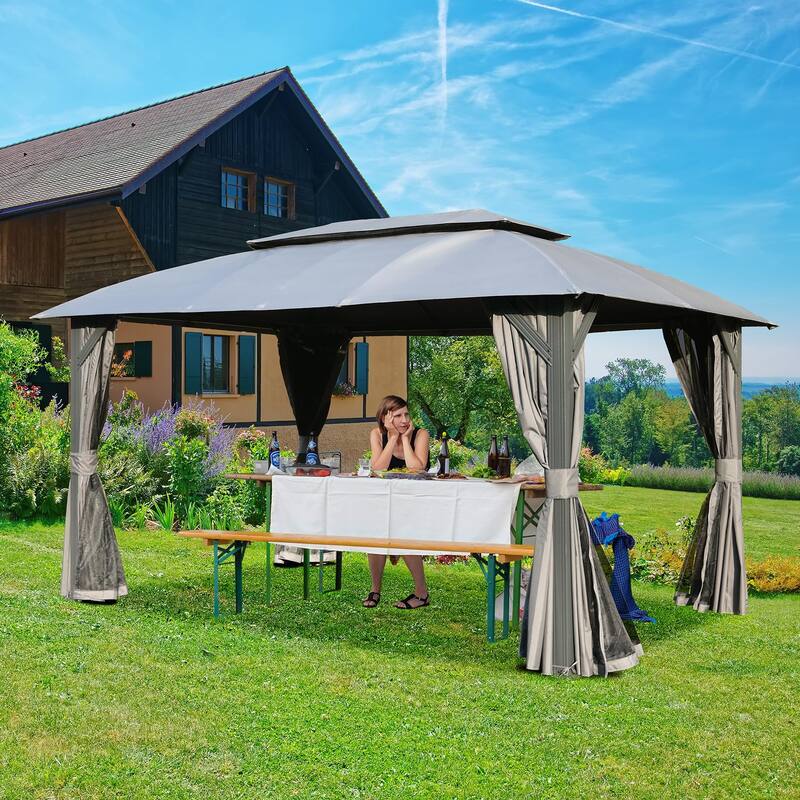 10x14FT Outdoor Gazebo with Double Roofs,Privacy Curtains,Mosquito Nettings,Heavy Duty Metal Frame Party Tent Canopy for Patio