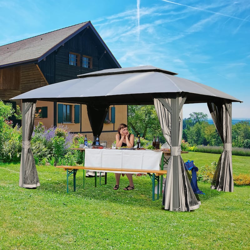 Double Roof Heavy Duty Metal Frame Gazebo with Privacy Curtains