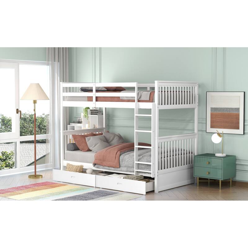 Twin Over Twin/Full Over Full Wood Bunk Bed w/ 2 Storage Drawers and
