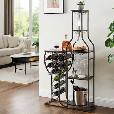 5-Tier Wine Storage, Wine Rack with Hanging Wine Glass Holder & Storage Shelves, 11 Bottle Wine - 53.94"H