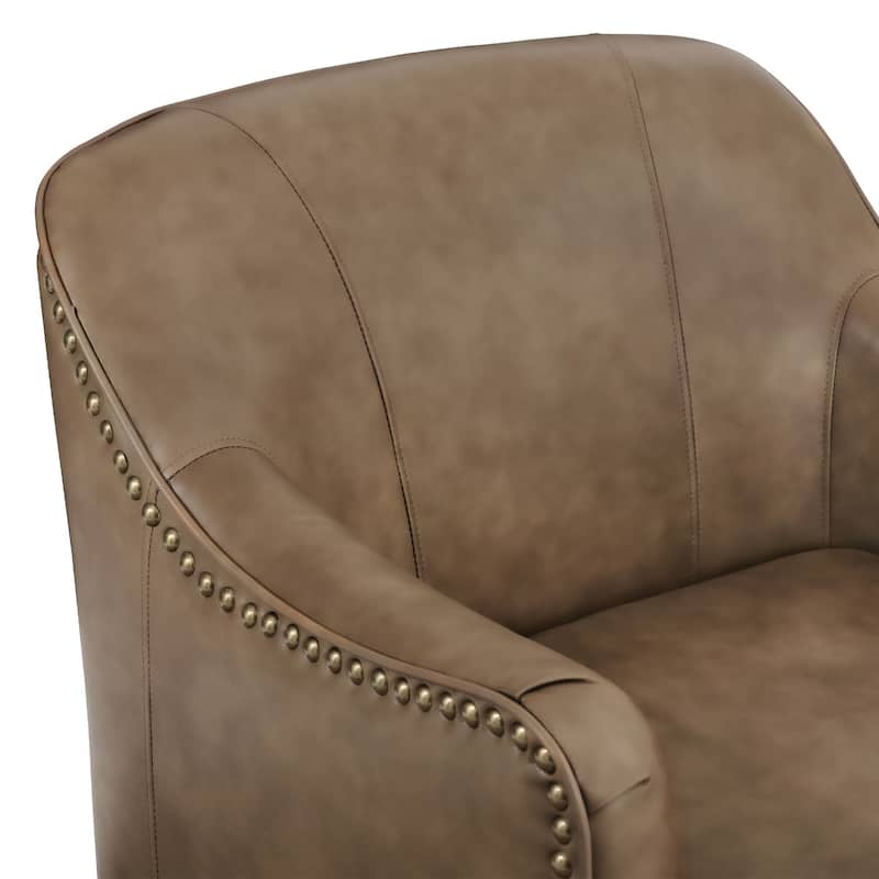 Modern Genuine Leather 360° Swivel Upholstered Accent Barrel Chair with Metal Base for Living Room