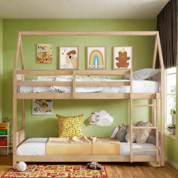 slide 2 of 14, Wooden House-shaped Bunk Bed with Safety Guardrails, Twin over Twin White Oak