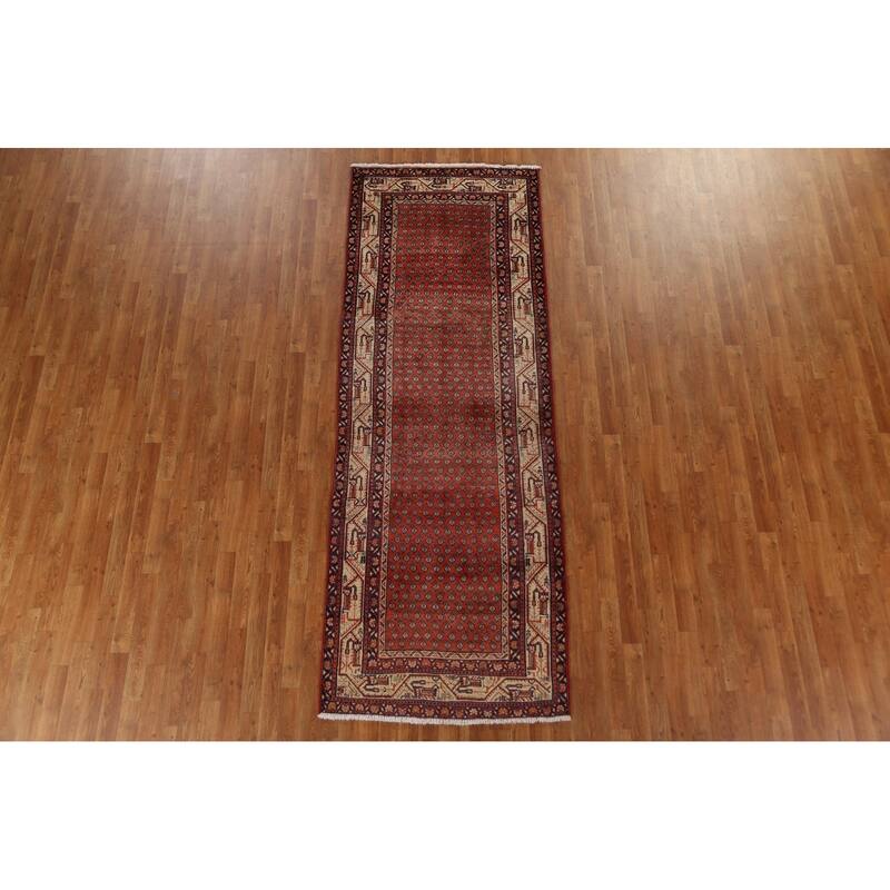 Red Boteh Botemir Persian Wool Runner Rug Hand-knotted Hallway Carpet - 3'6" x 9'10"