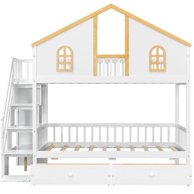 Fairytale Bunk Bed with Window Door House-shaped Roof Frame and Storage Staircase, Optional with Storage Drawers or Trundle Bed