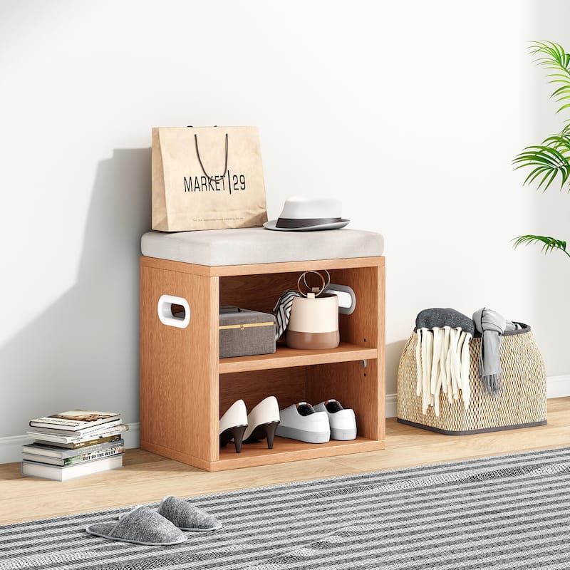 Small Shoe Bench for Entryway with Cushion Shoe Bench with Storage and Seating, Seat Entryway Shoe Rack, Entryway - Beige,Oak