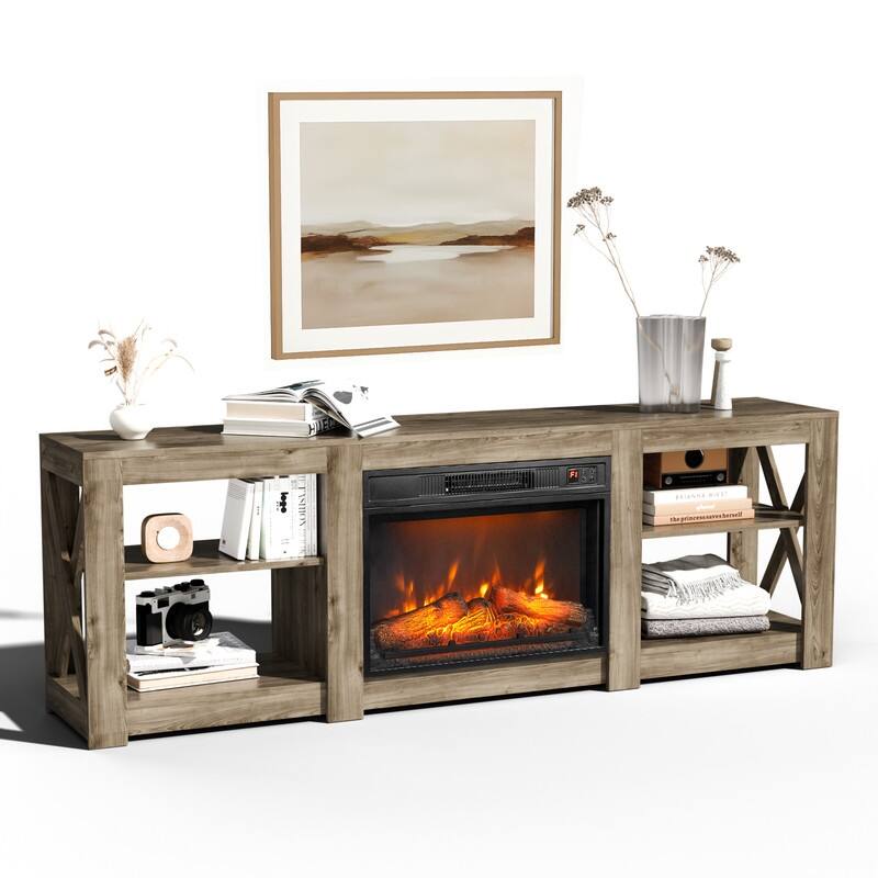 Farmhouse 70'' TV Stand For Tvs Up To 70'' With 23'' Electric Fireplace and Adjustable Shelves