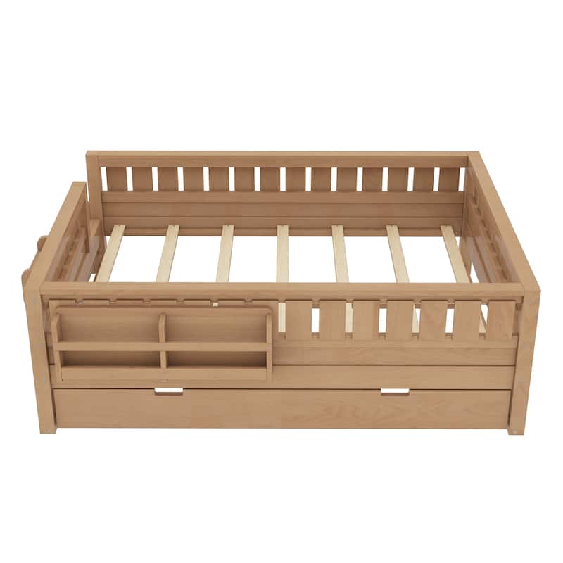 Full/Twin Size Wood Bed with Built-in Bookshelves and Storage Staircase, Safety Rails and Trundle Bed