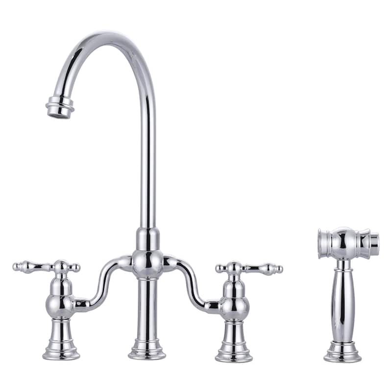 WOWOW Double Handle High Arc Bridge Kitchen Faucet with Side Sprayer - Polished Chrome