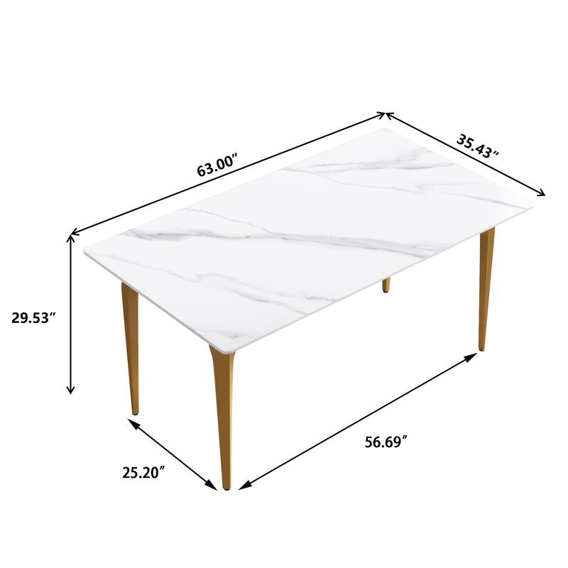 63" Light Luxury Marble Dining Table, Rectangular Sintered Stone Top and Carbon Steel legs