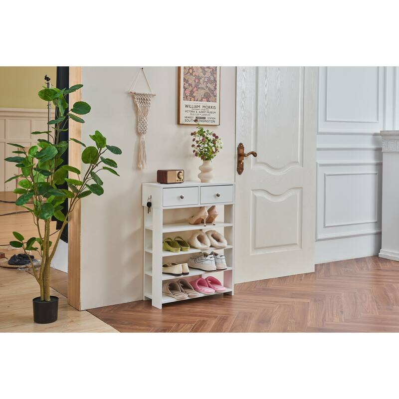 Modern Minimalist Wooden Shoe Rack with 2 Drawer, 4 Layer Shoe Cabinet for Entryway - White