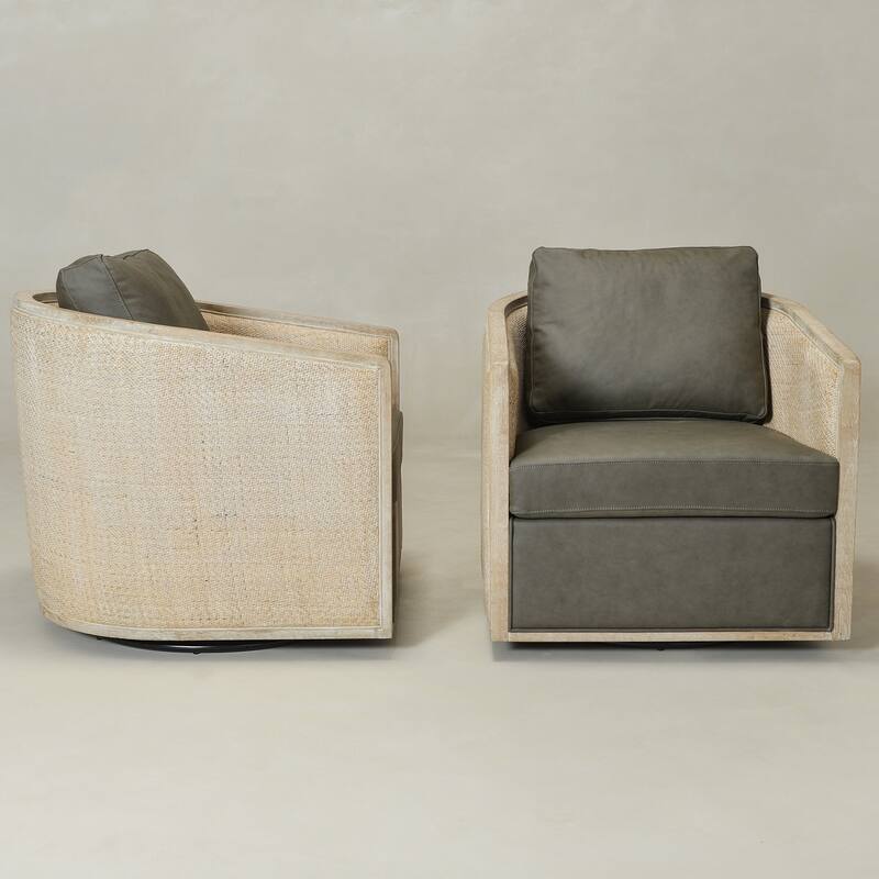 KINWELL 31"W Oak Frame Upholstered Swivel Barrel Armchair