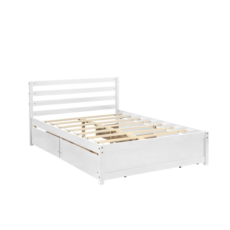 White Panel Bed Frame Full Size Platform Bed Wood Bed with 4 Storage Drawers and Headboard, Space-saving Bed