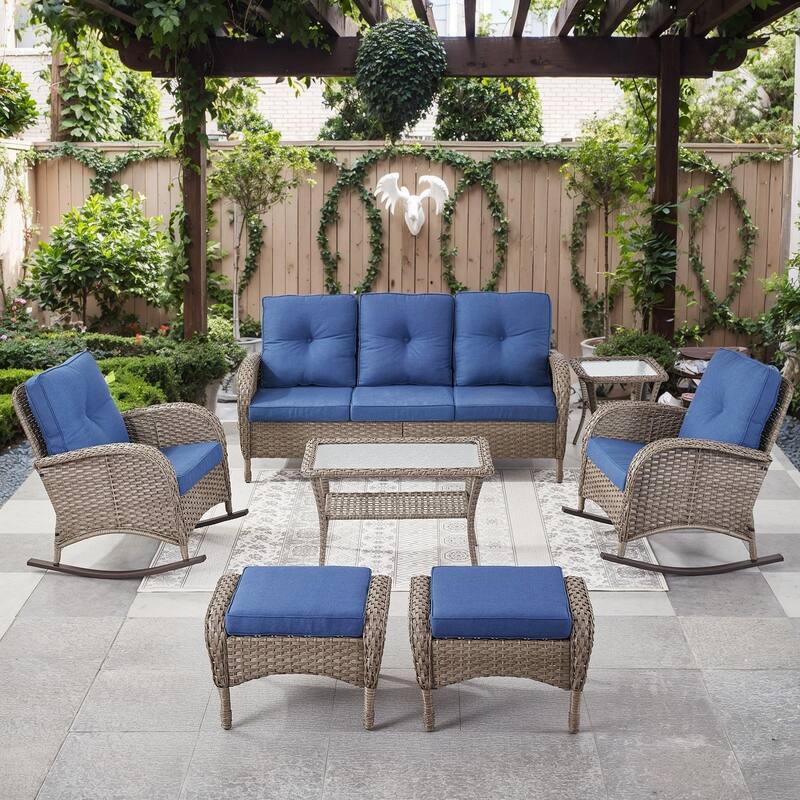 Patio Outdoor Sofa & Rocking Chair & Ottomans & Table - Grey - Blue