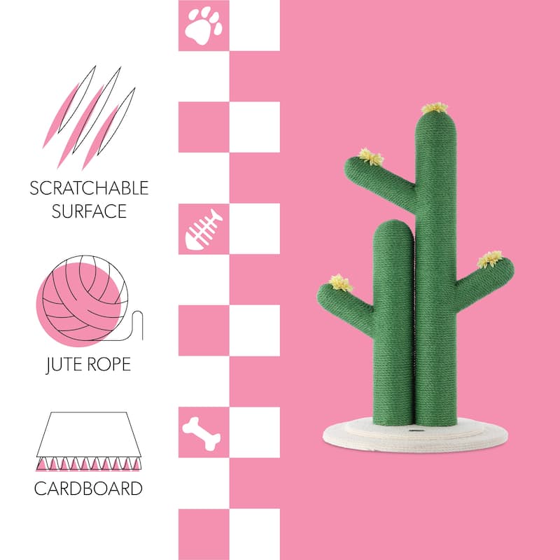 Socorro 34.25" Modern Jute Double-Cactus Cat Scratching Post with Flower Toys, Green/White