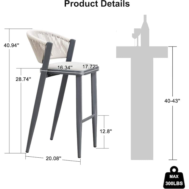 PURPLE LEAF Bar Stool Set of 2 Outdoor Rattan Bar Chair with Back Metal Bar Height Stool Wicker Barstool Dark Grey - N/A