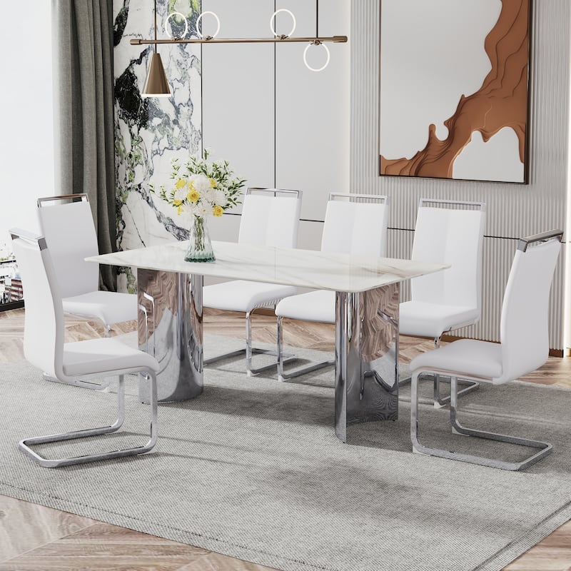 Modern minimalist dining table. White imitation marble glass sticker desktop, stainless steel legs, stable and beautiful