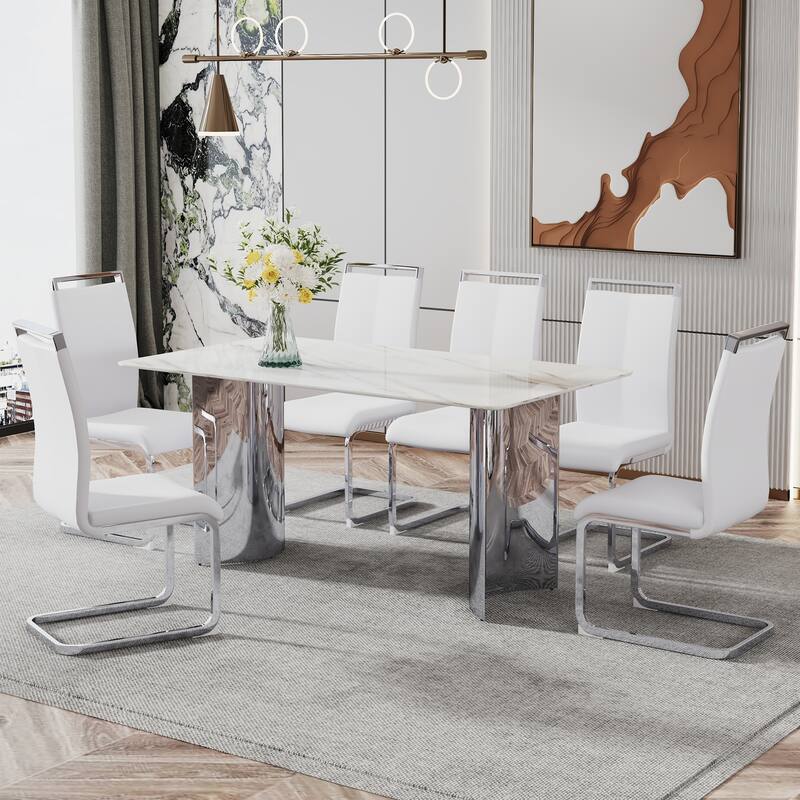 Modern minimalist dining table. White imitation marble glass sticker desktop, stainless steel legs