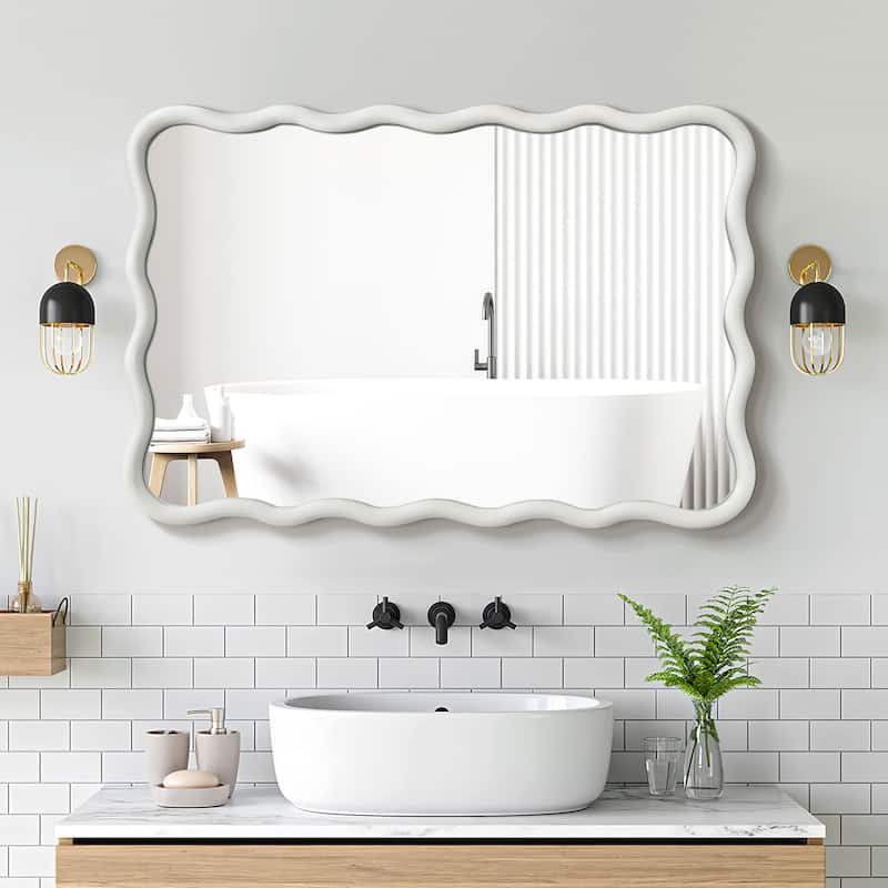 Scalloped Wood Frame Rectangle Wavy Wall Mirror