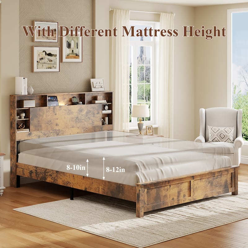 Full Size Bed Frame with Storage Headboard & Charging Station