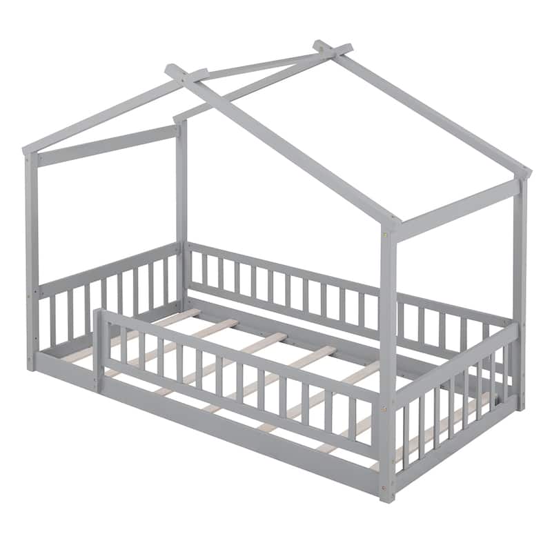 Twin Size Wood Bed House Bed Frame with Fence