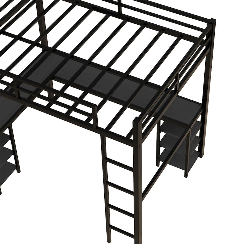 Full Metal Loft Bed with L-Shaped Desk, Shelves, Ladder, and Guardrails, Space-Saving Black Bed Frame for Small Bedrooms