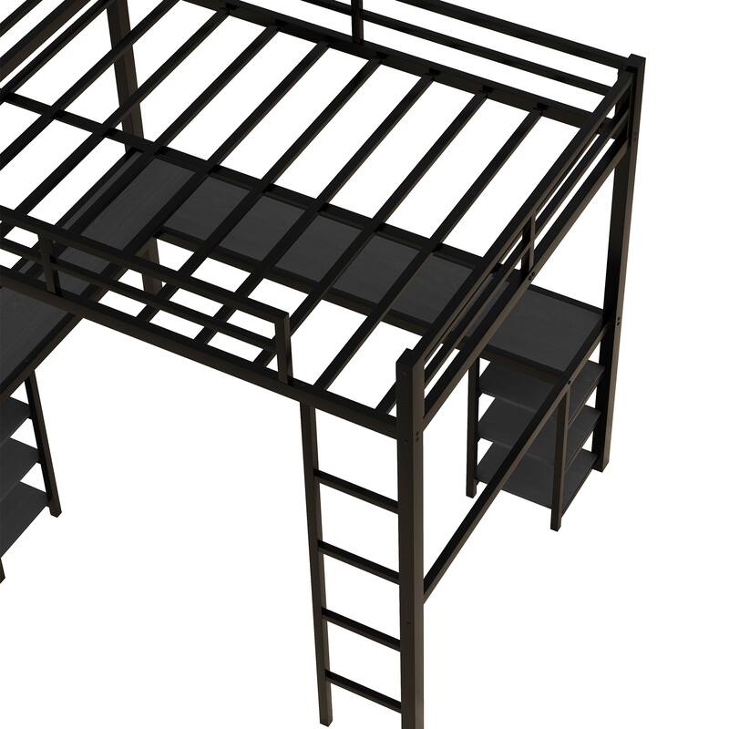 Roomfitters Metal Twin/Full Loft Bed with Desk & Shelves, Space-Saving Study Bed Frame with Ladder & Guardrails, Black
