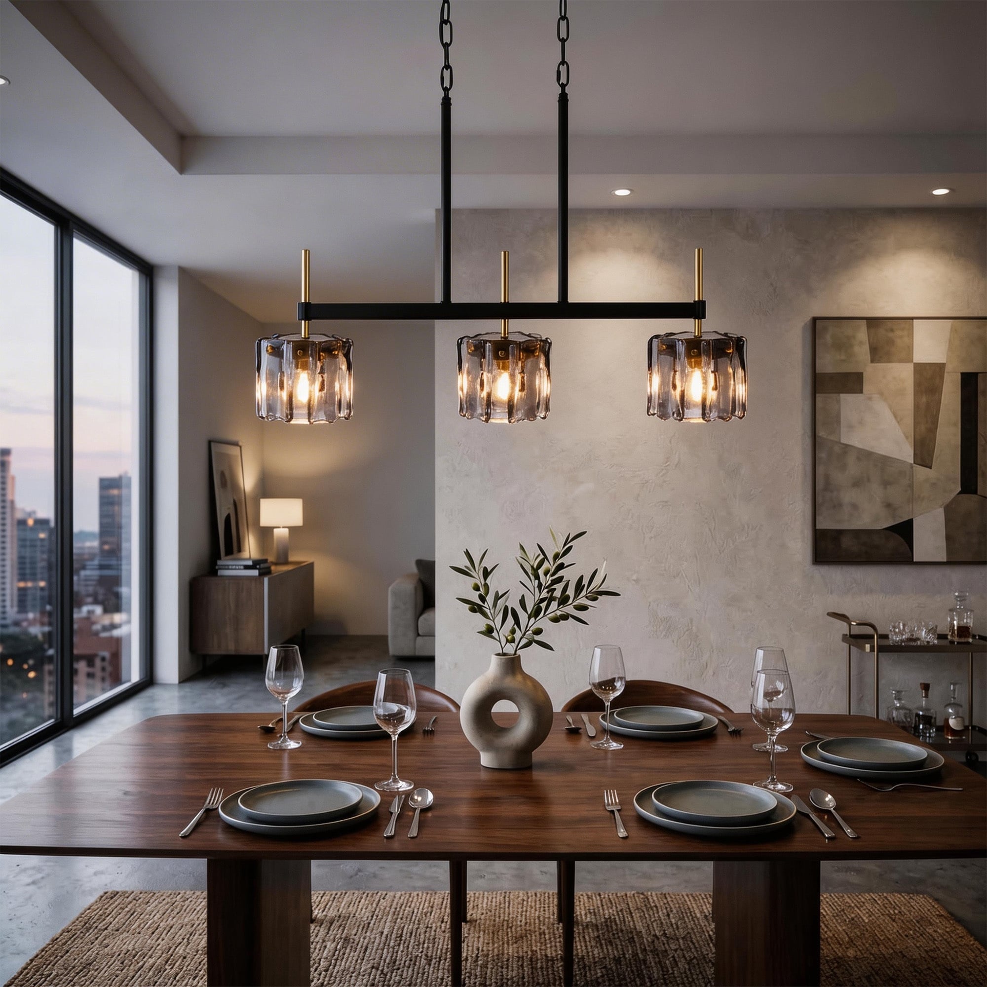 1/3/5-Light Pendant Light Linear Lighting with Textured Glass Panel Shade
