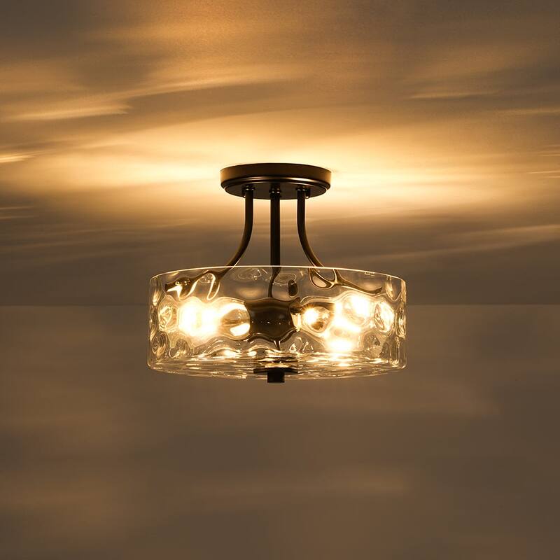 Nickel 2-Light Water Glass Round Semi Flush Ceiling Light - 11.8in