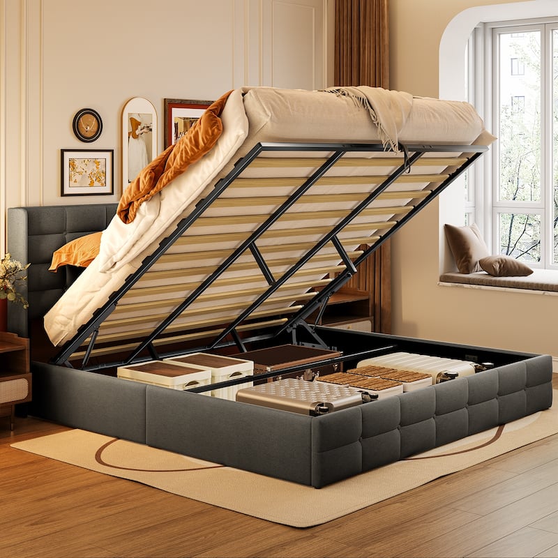 Lift Up Storage Bed Frame, Upholstered Platform Bed Frame with Hydraulic Storage System and Headboard - Dark Grey - King