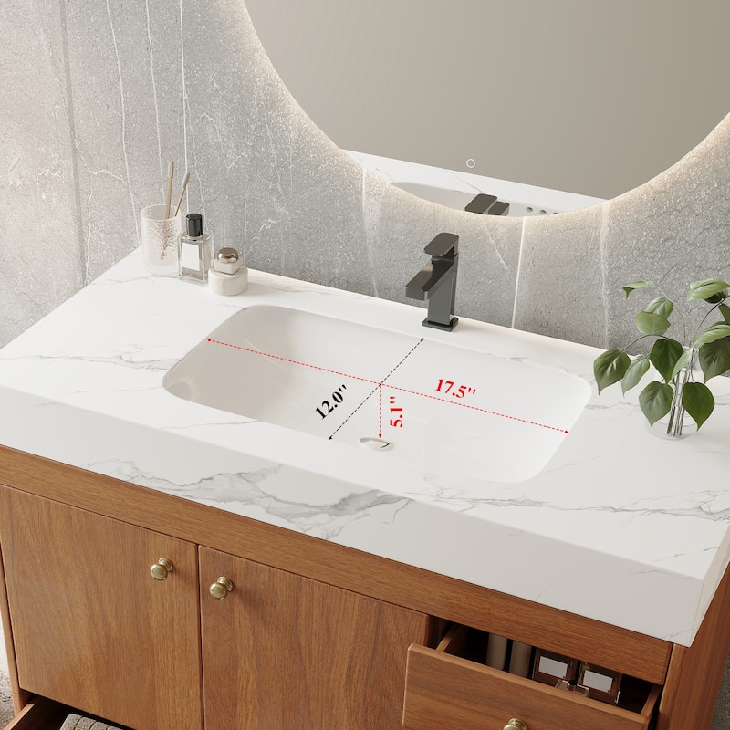 36" Bathroom Vanity with Faux Marble Top & Ceramic Sink, 5-Drawer Storage Cabinet with Stainless Steel Legs