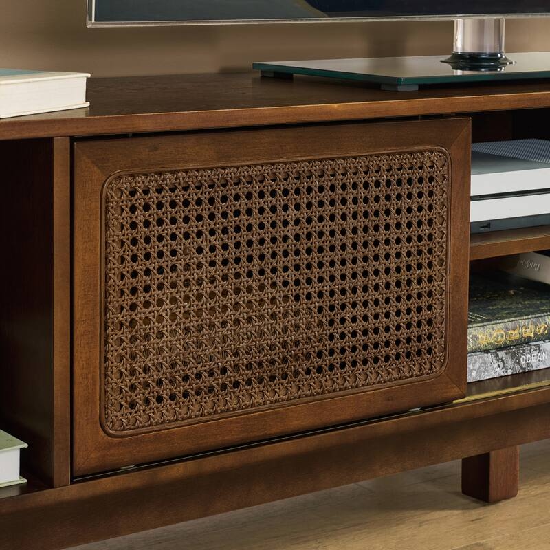Charming Mid Century Rattan TV Stand with Solid Wood Feet and Versatile Storage
