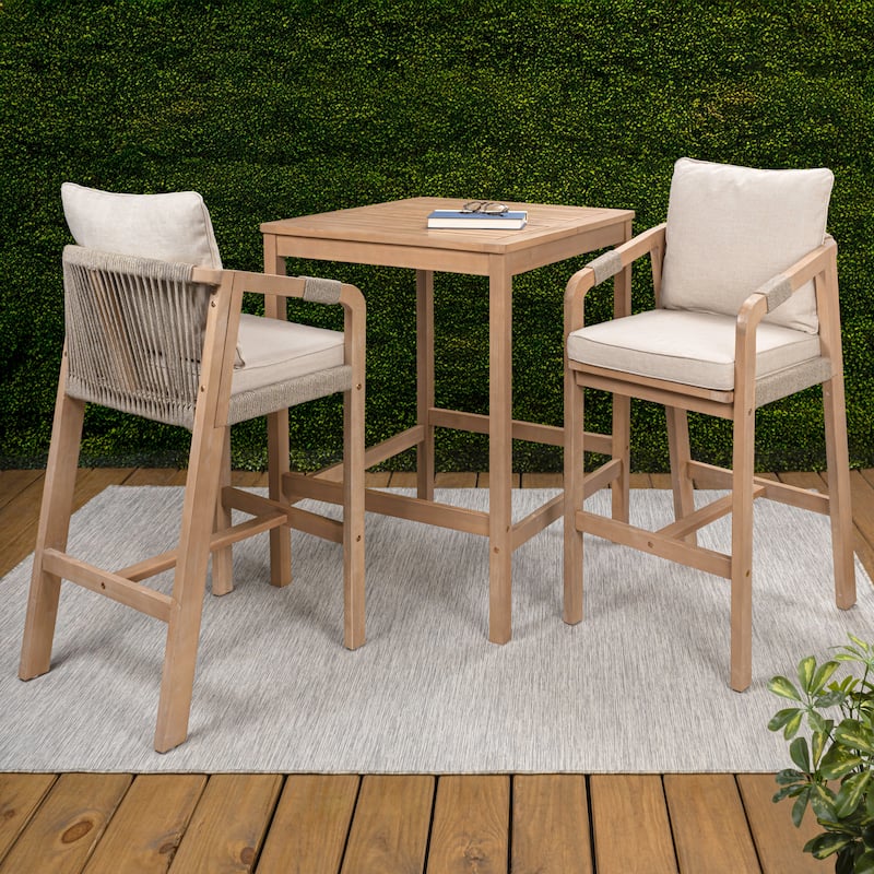 3-Piece Acacia Wood Outdoor Bar Set with Cushions, by JONATHAN Y