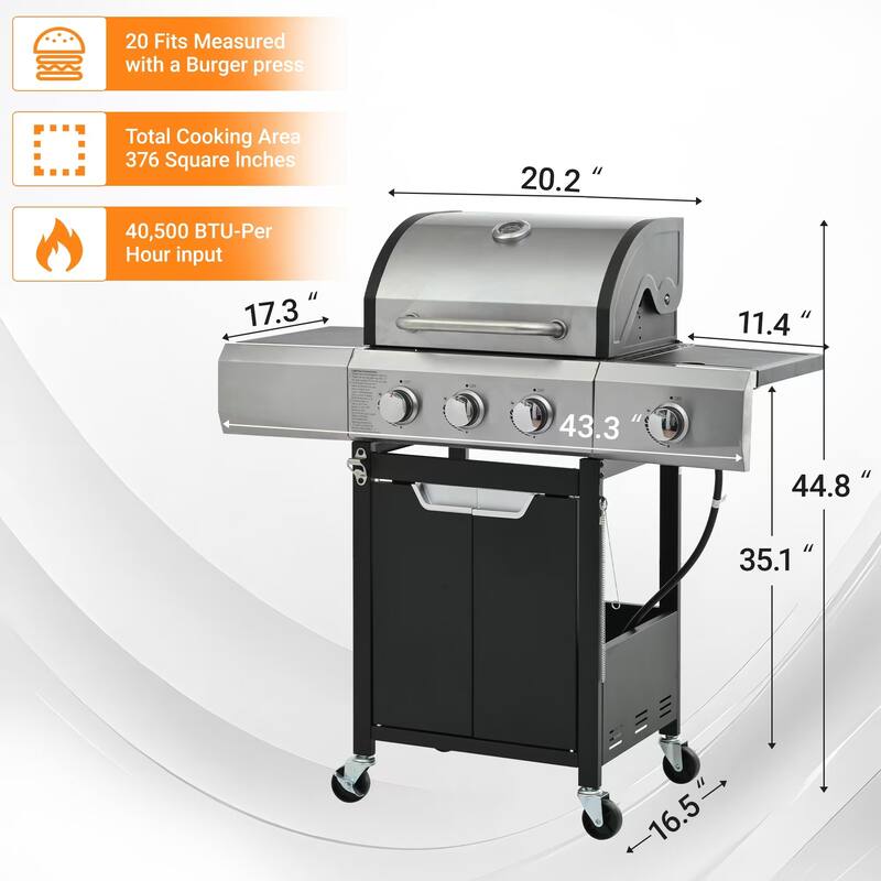 Propane Grill 3 Burner Barbecue Grill Stainless Steel Gas Grill with Side Burner, for Outdoor BBQ, Camping