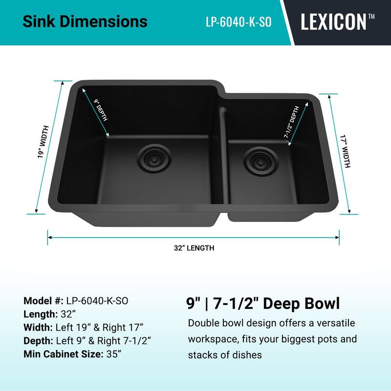 32 Inch Lexicon Platinum Quartz Composite Drop-in Undermount Galaxy Black - 19" W x 32" L x 9.75" H