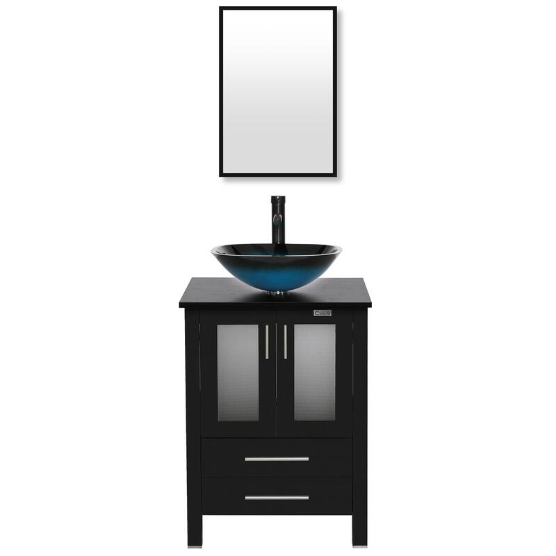 eclife 24" Classical Bathroom Vanity Set with Tempered Glass Vessel Sink Oil Rubbed Bronze Faucet and Drain