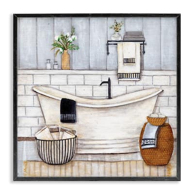Stupell Bathroom Farmhouse Style Tub Neutral Grey Drawing, 12x12, Framed Wall Art, Design by Yellow Café - Blue