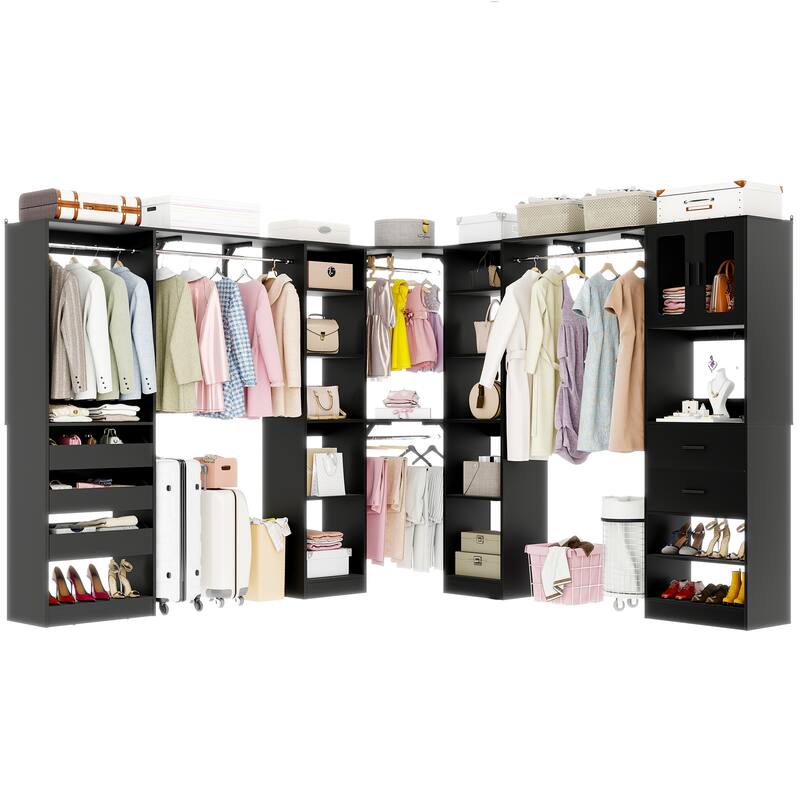 100" × 100" Closet System With Door and Wooden Drawers, Closet Organizer with 5 Hanging Rods and 20 Storage Shelves