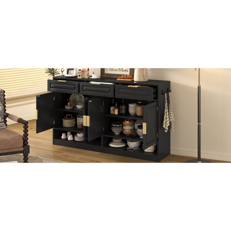 Roomfitters 59.1" Farmhouse Sideboard Buffet Cabinet with 3 Drawers and 4 Doors, Kitchen Storage with Open Shelf